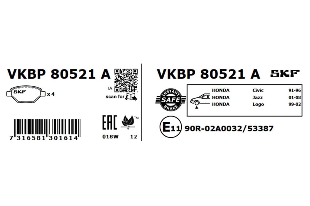 Jogo de 4 pastilhas de travão SKF ref. VKBP 80521 A